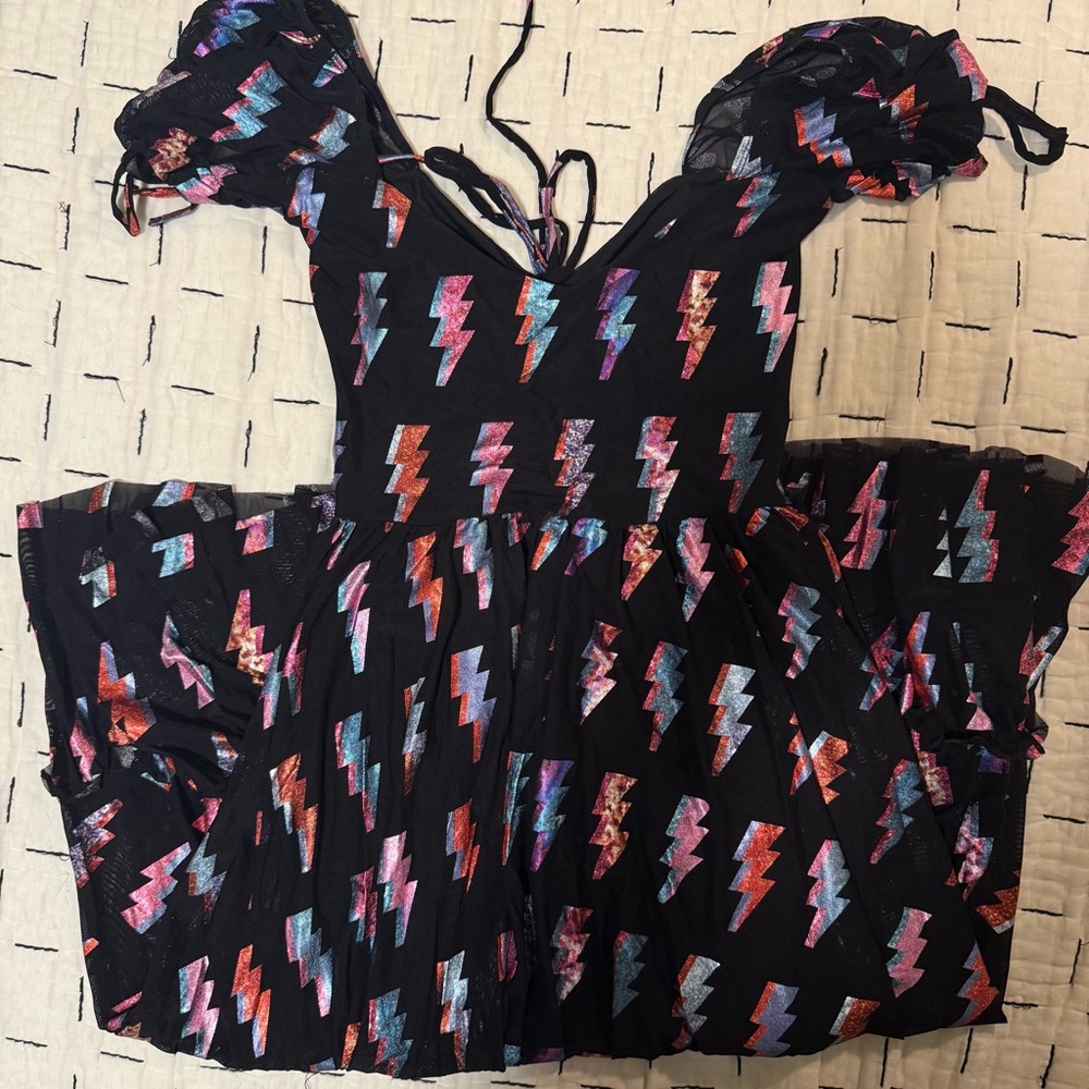 Blackmilk Ziggy Tea Party Off-Shoulder Black and Multi-Color Midi Dress - Picture 5 of 6